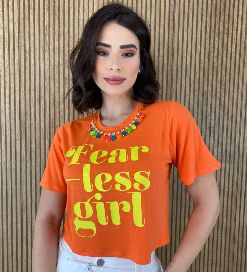 Cropped sem Bojo Manga Curta Colar Removível Coral - Fernanda Ramos Store