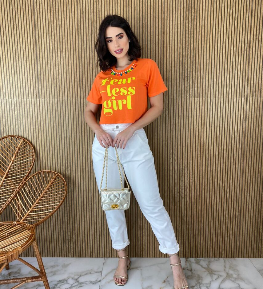 Cropped sem Bojo Manga Curta Colar Removível Coral - Fernanda Ramos Store