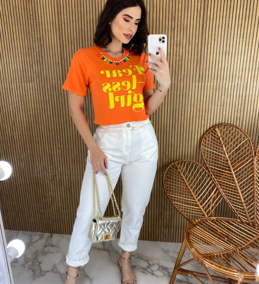 Cropped sem Bojo Manga Curta Colar Removível Coral - Fernanda Ramos Store
