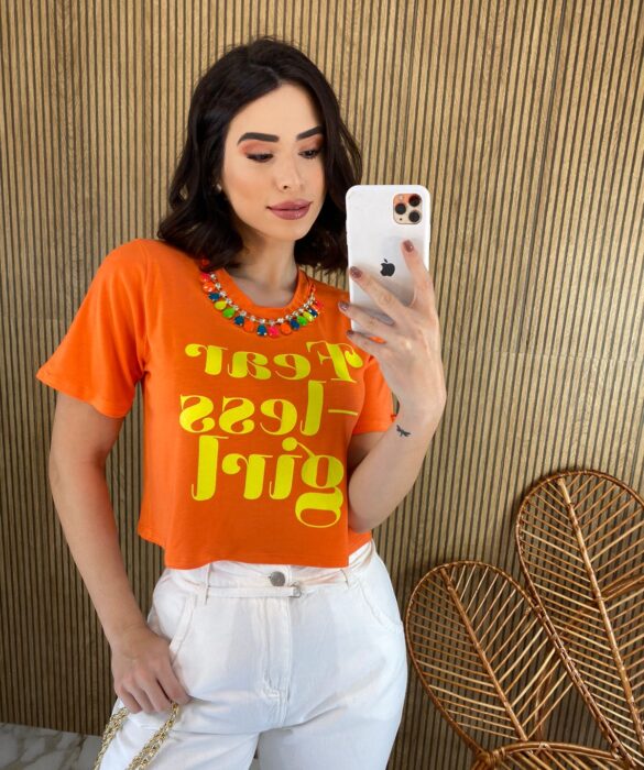 Cropped sem Bojo Manga Curta Colar Removível Coral - Fernanda Ramos Store