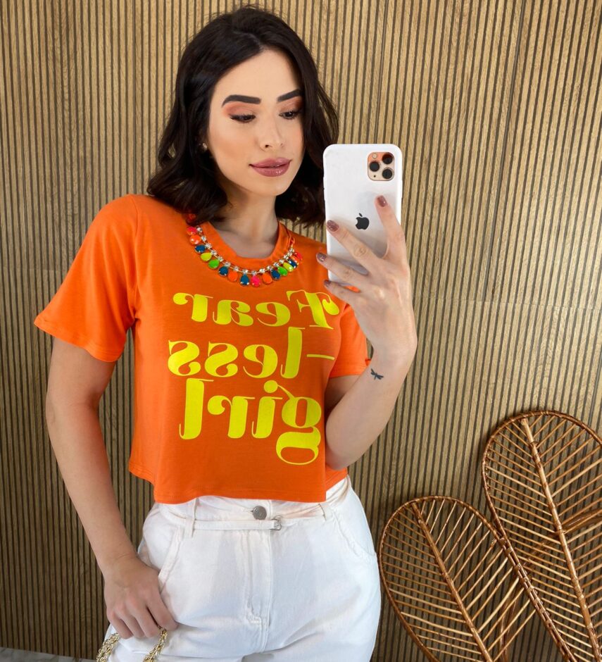 Cropped sem Bojo Manga Curta Colar Removível Coral - Fernanda Ramos Store