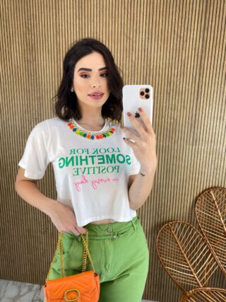 Cropped sem Bojo Manga Curta Colar Removível Off White - Fernanda Ramos Store