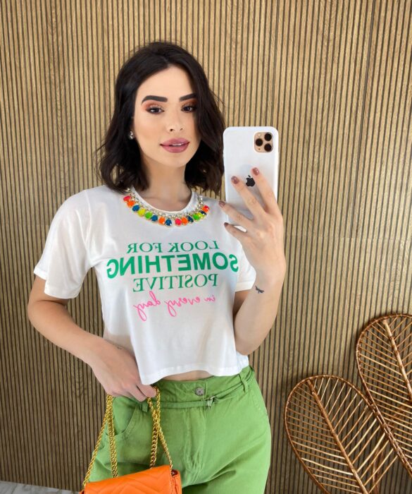 Cropped sem Bojo Manga Curta Colar Removível Off White - Fernanda Ramos Store