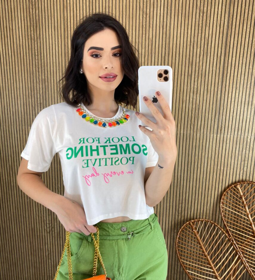 Cropped sem Bojo Manga Curta Colar Removível Off White - Fernanda Ramos Store