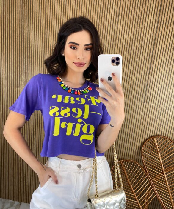 Cropped sem Bojo Manga Curta Colar Removível Roxo - Fernanda Ramos Store