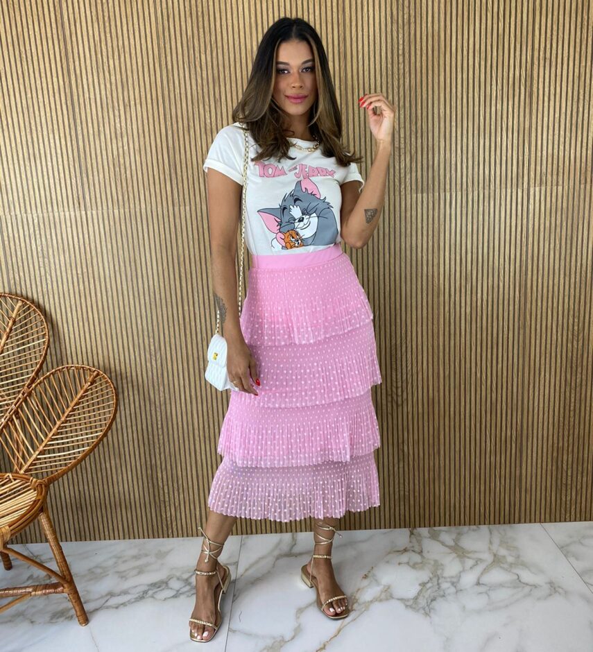 Saia Midi com Detalhe em Plissado Rosa Bebe - Fernanda Ramos Store