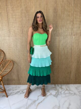 Saia Midi com Detalhe em Plissado Verde - Fernanda Ramos Store