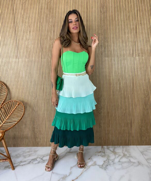 Saia Midi com Detalhe em Plissado Verde - Fernanda Ramos Store