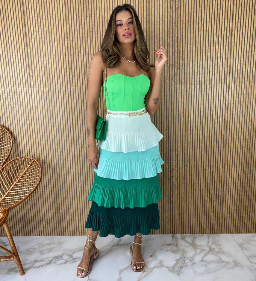 Saia Midi com Detalhe em Plissado Verde - Fernanda Ramos Store
