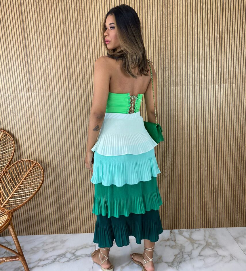 Saia Midi com Detalhe em Plissado Verde - Fernanda Ramos Store