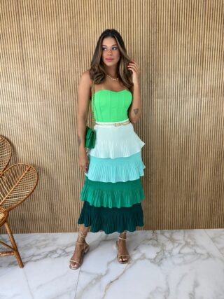 Saia Midi com Detalhe em Plissado Verde - Fernanda Ramos Store