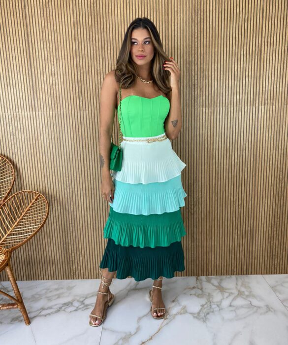 Saia Midi com Detalhe em Plissado Verde - Fernanda Ramos Store