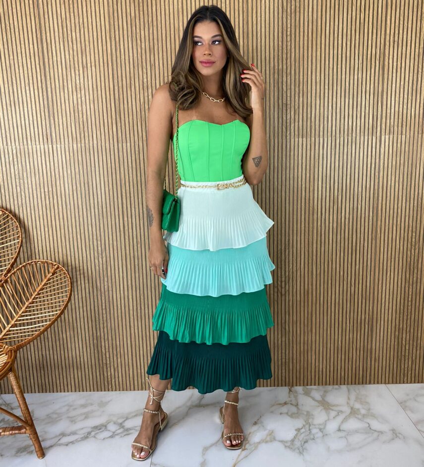 Saia Midi com Detalhe em Plissado Verde - Fernanda Ramos Store