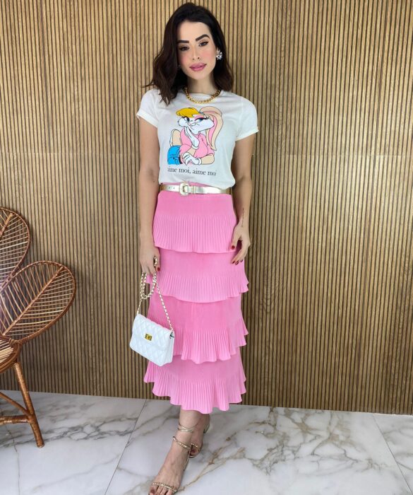 Saia Midi com Detalhe Plissado Rosa - Fernanda Ramos Store