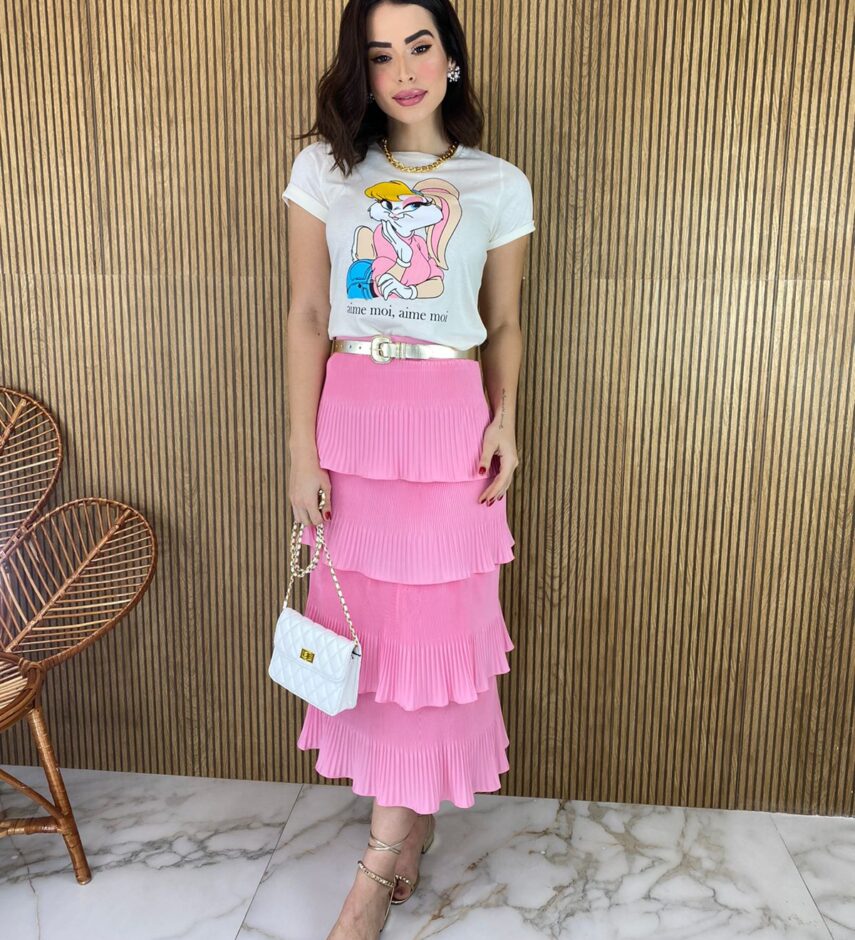 Saia Midi com Detalhe Plissado Rosa - Fernanda Ramos Store