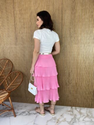 Saia Midi com Detalhe Plissado Rosa - Fernanda Ramos Store