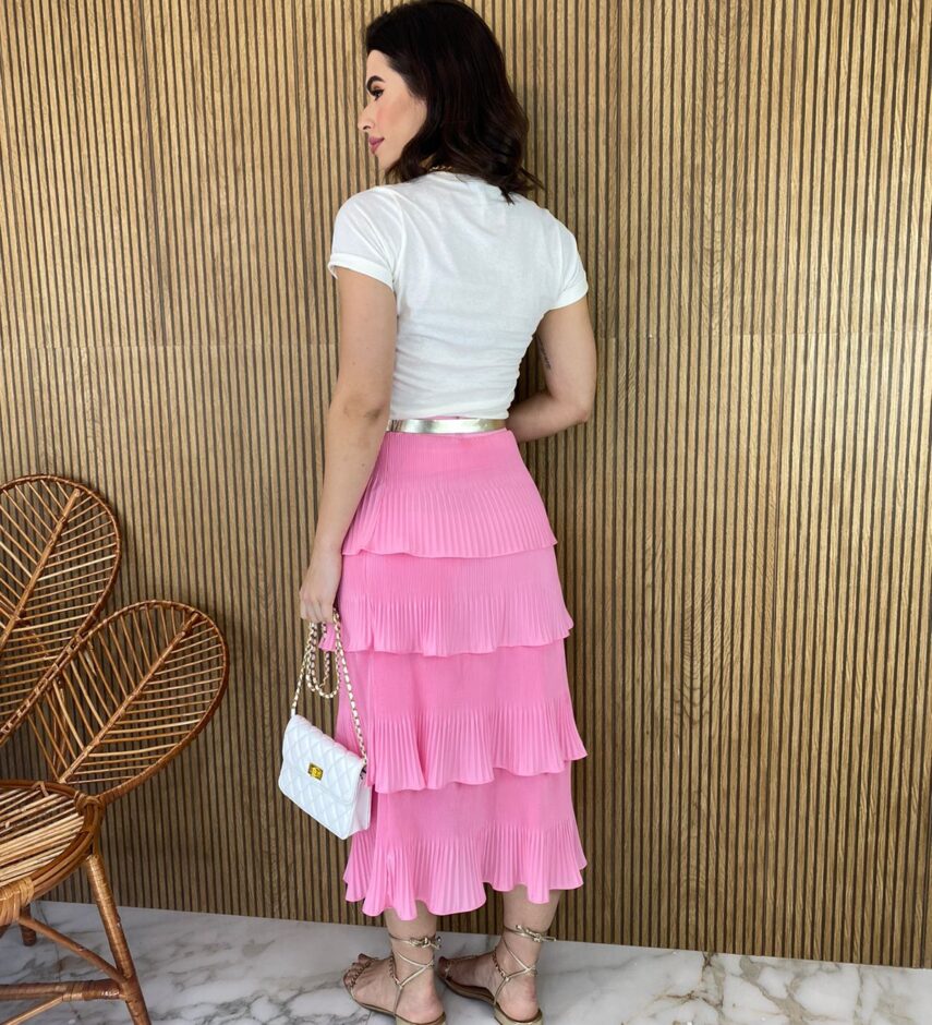 Saia Midi com Detalhe Plissado Rosa - Fernanda Ramos Store