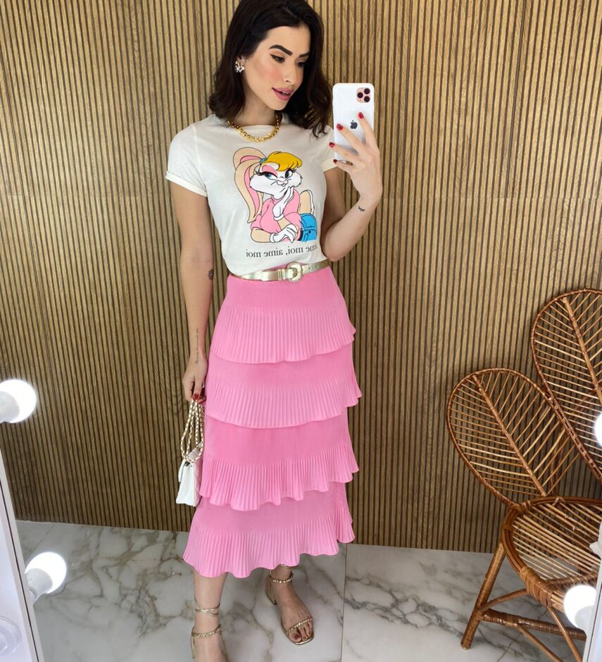 Saia Midi com Detalhe Plissado Rosa - Fernanda Ramos Store