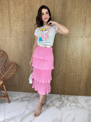 Saia Midi com Detalhe Plissado Rosa - Fernanda Ramos Store