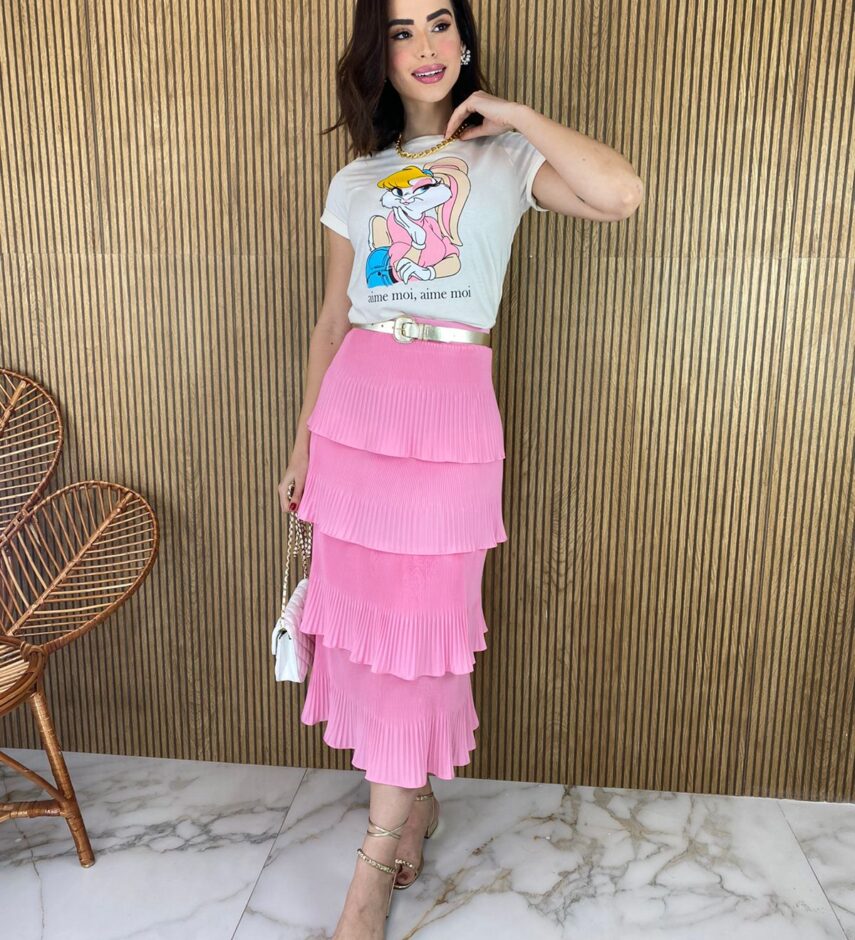 Saia Midi com Detalhe Plissado Rosa - Fernanda Ramos Store