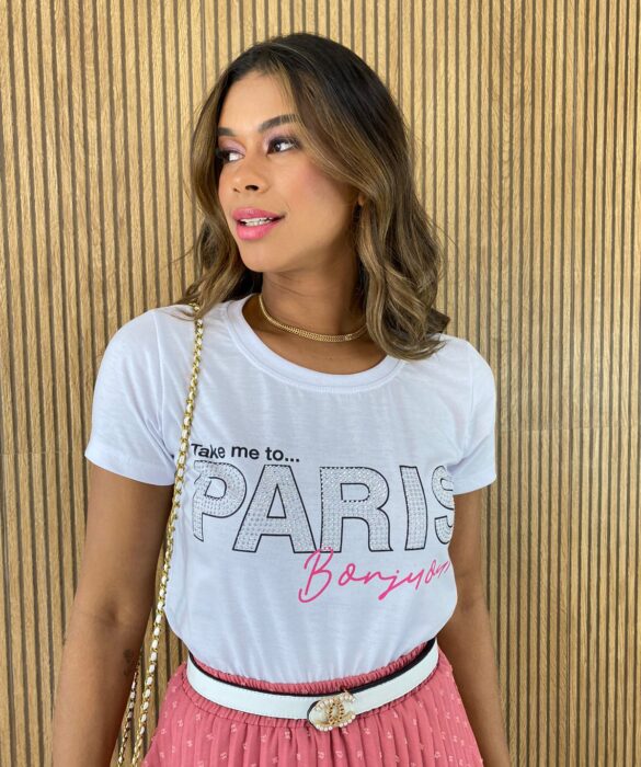 T-shirt Feminina Manga Curta Take me to Paris Branca - Fernanda Ramos Store