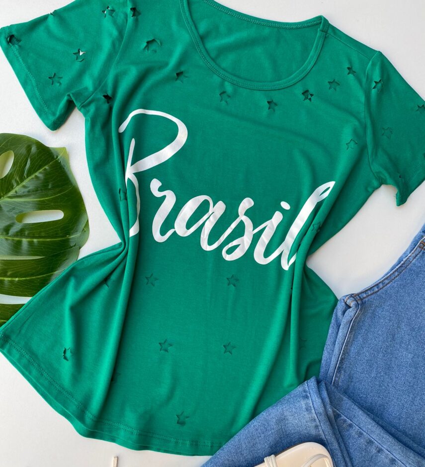 T-shirt Manga Curta com Estampa e Detalhes de Estrelas Verde - Fernanda Ramos Store