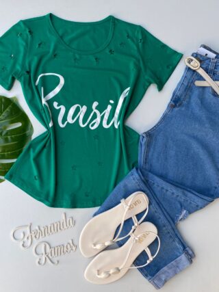 T-shirt Manga Curta com Estampa e Detalhes de Estrelas Verde - Fernanda Ramos Store