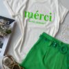 T-shirt Manga Curta Mérci Mon Amour em Verde Off White - Fernanda Ramos Store