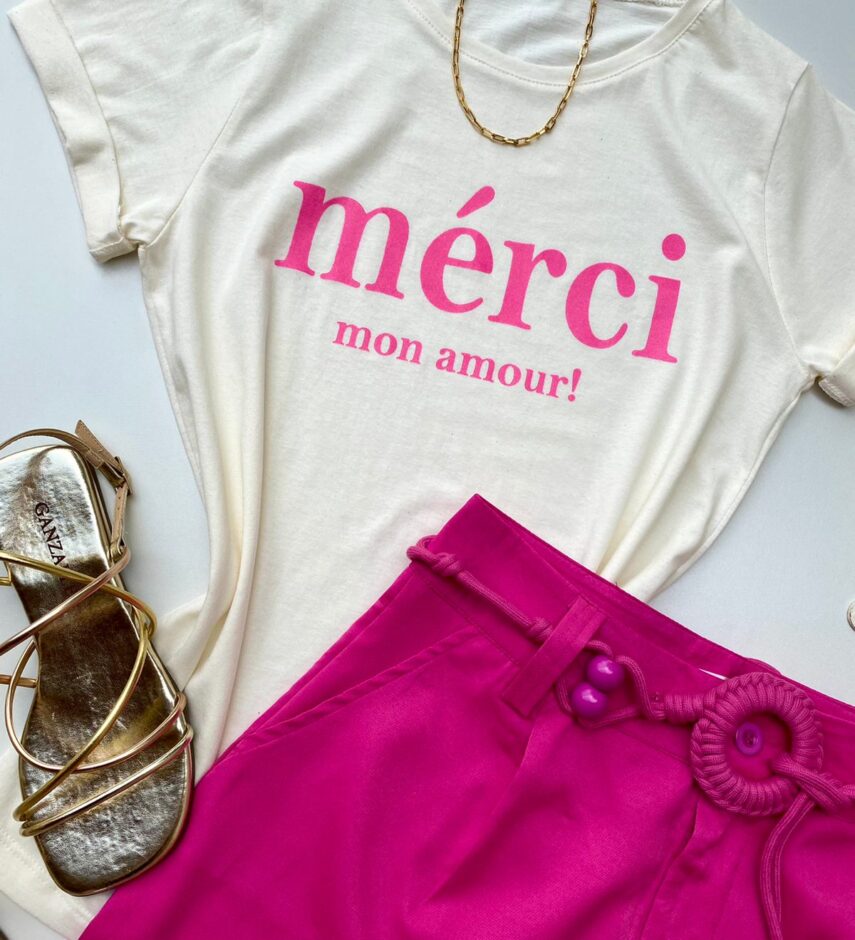T-shirt Manga Curta Mérci Mon Amour Off White - Fernanda Ramos Store