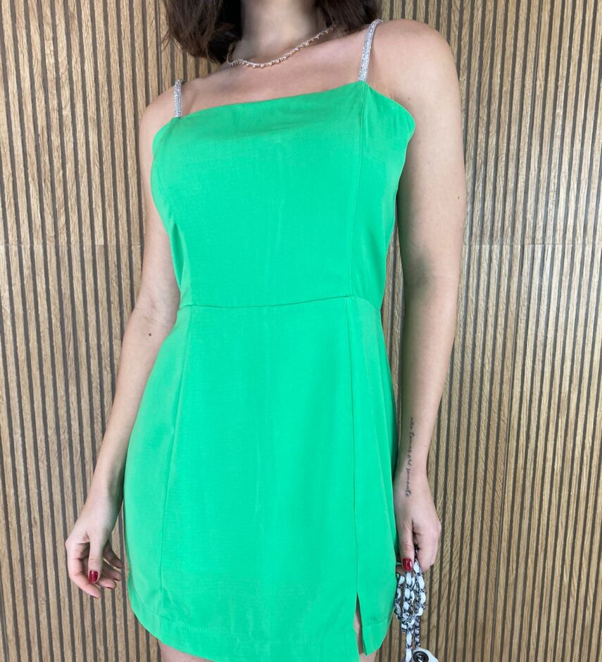 Vestido Curto sem Bojo Alça com Aplicação Verde - Fernanda Ramos Store