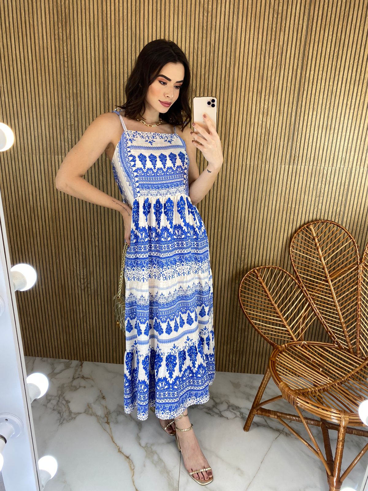 Vestido Longo sem Bojo Floral Azul Amarração na Alça - Fernanda Ramos Store