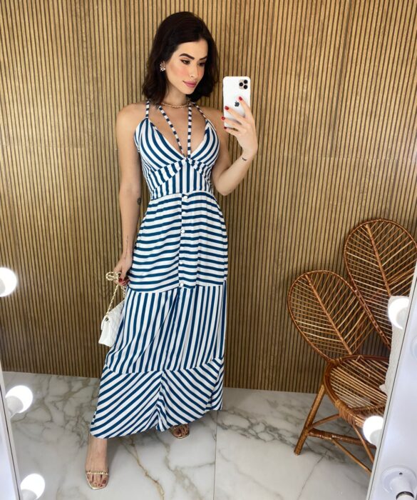 Vestido Longo com Bojo Botões Falso Listrado Azul - Fernanda Ramos Store