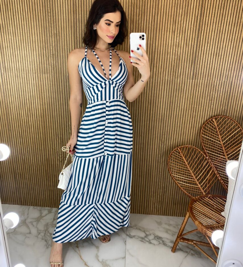 Vestido Longo com Bojo Botões Falso Listrado Azul - Fernanda Ramos Store