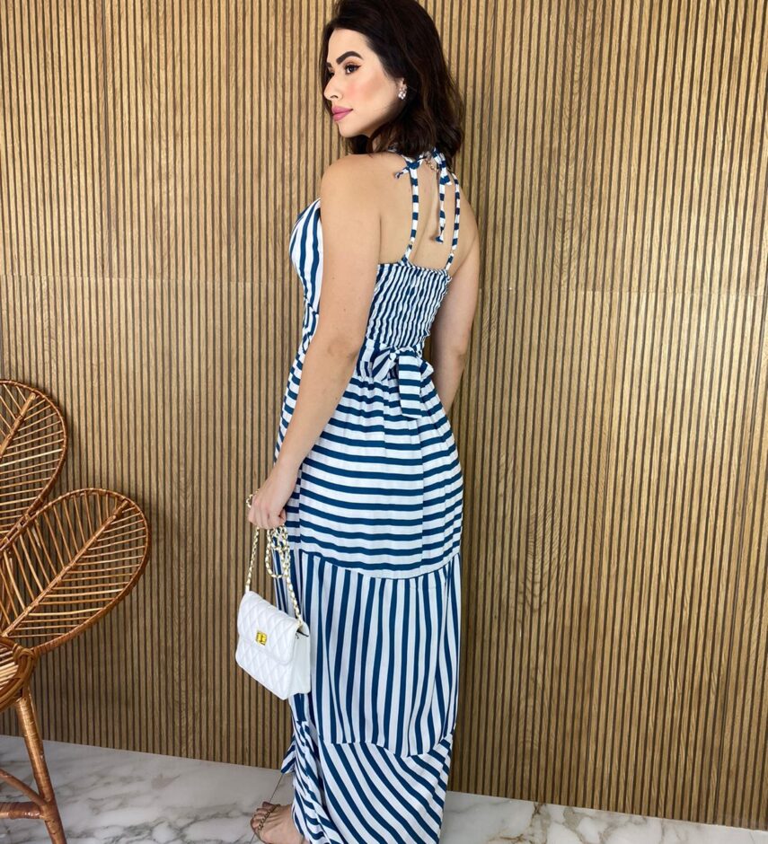 Vestido Longo com Bojo Botões Falso Listrado Azul - Fernanda Ramos Store