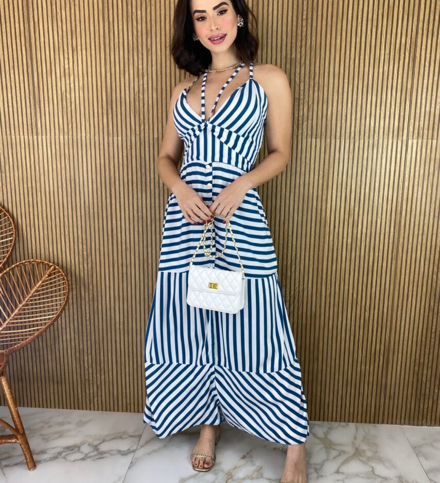 Vestido Longo com Bojo Botões Falso Listrado Azul - Fernanda Ramos Store