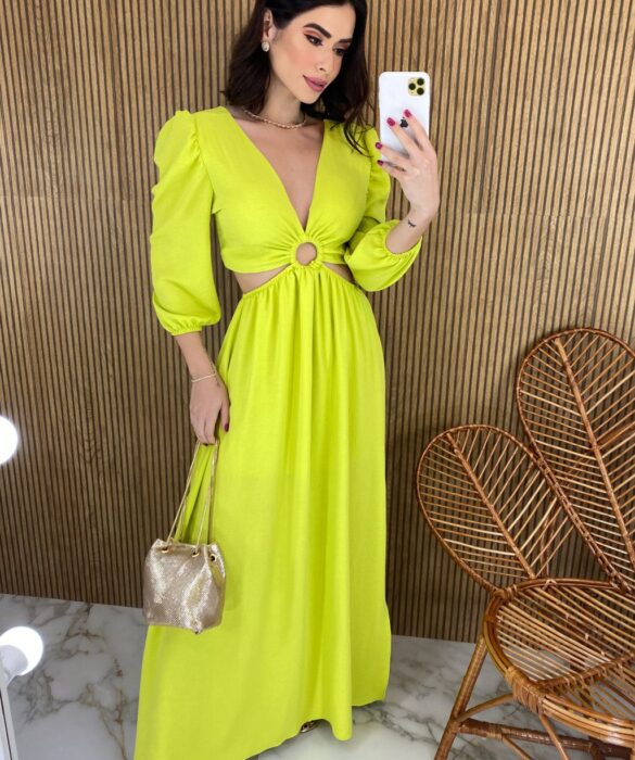 fernandaramosstore com br vestido longo com bojo detalhe de argola manga 34 verde lima 1