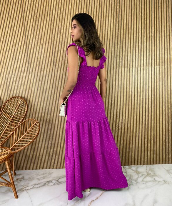 vestido longo fucsia com bojo e babados