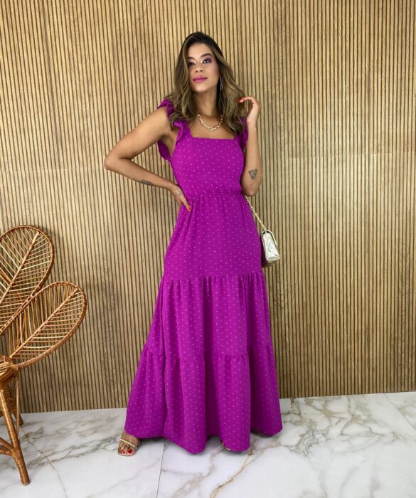 vestido longo fucsia pipoquinha