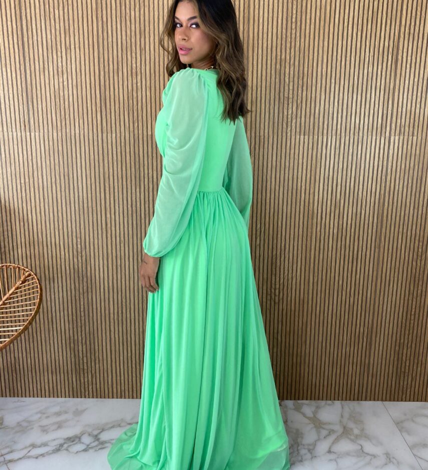 Vestido Longo com Bojo Tule Verde Lima Manga Longa - Fernanda Ramos Store