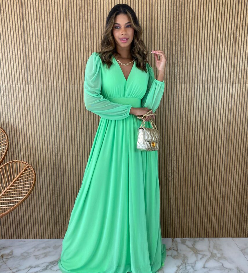 Vestido Longo com Bojo Tule Verde Lima Manga Longa - Fernanda Ramos Store