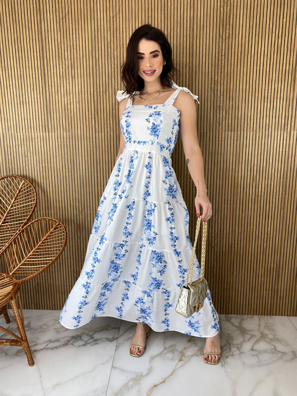 Vestido Longo sem Bojo Floral Azul Amarração na Alça - Fernanda