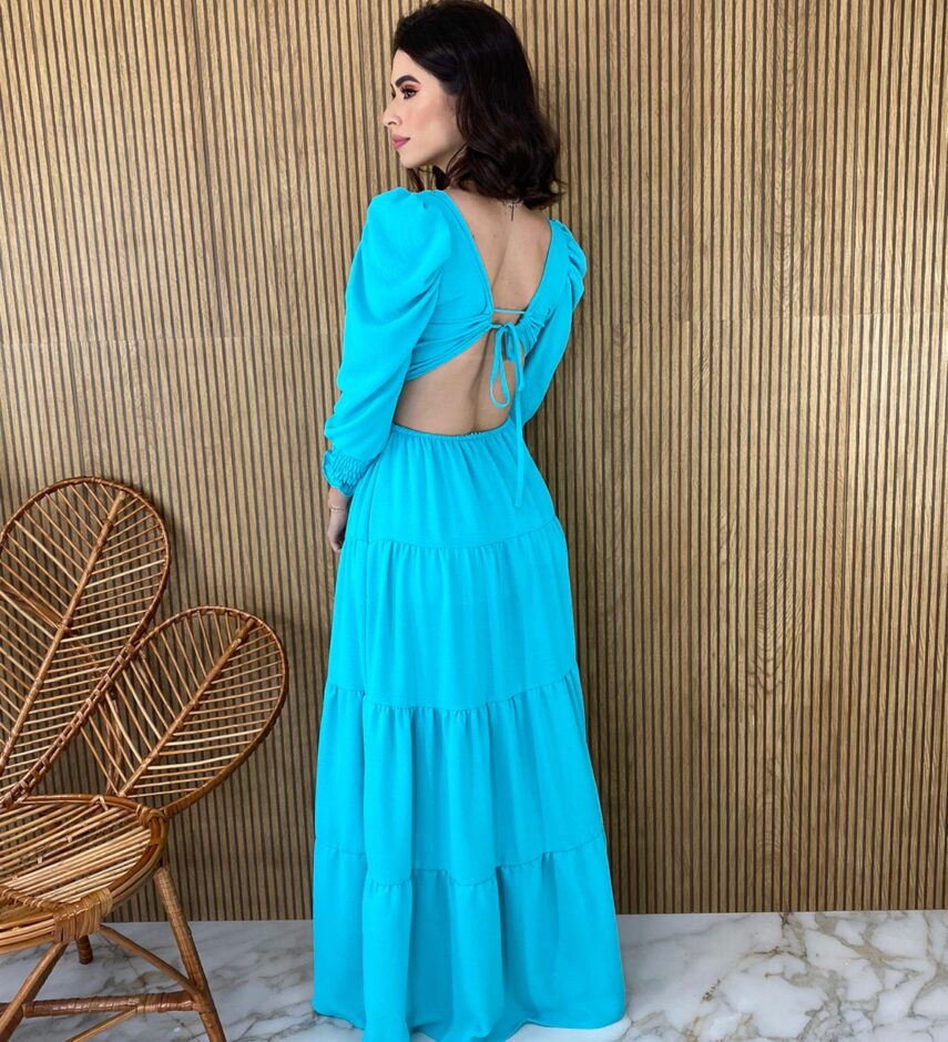 Vestido Longo sem Bojo com Abertura Manga Longa Azul - Fernanda Ramos Store