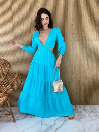 Vestido Longo sem Bojo com Abertura Manga Longa Azul - Fernanda Ramos Store