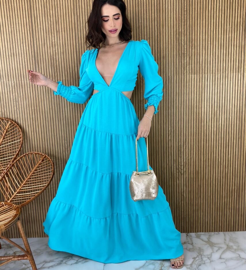 Vestido Longo sem Bojo com Abertura Manga Longa Azul - Fernanda Ramos Store