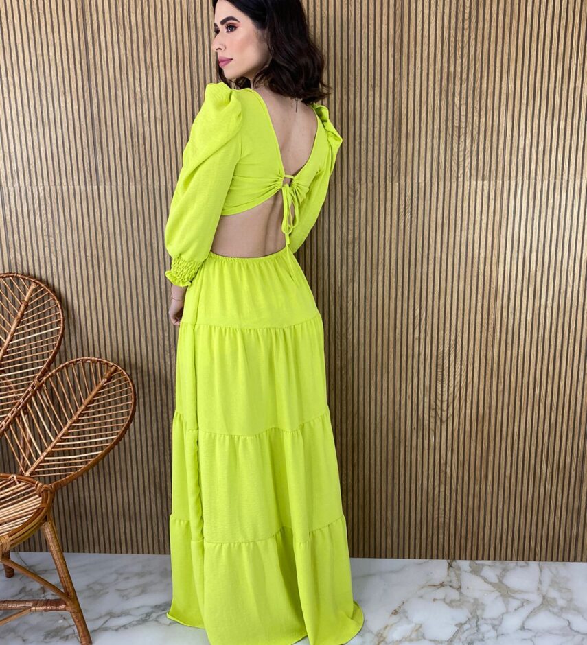 Vestido Longo sem Bojo com Abertura Manga Longa Verde Lima - Fernanda Ramos Store