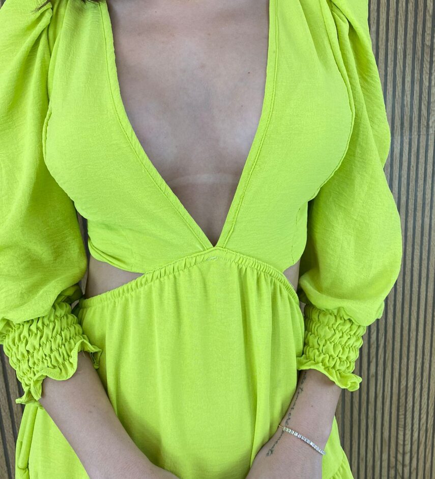 Vestido Longo sem Bojo com Abertura Manga Longa Verde Lima - Fernanda Ramos Store