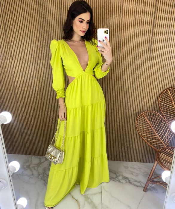 Vestido Longo sem Bojo com Abertura Manga Longa Verde Lima - Fernanda Ramos Store