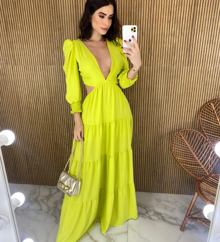 Vestido Longo sem Bojo com Abertura Manga Longa Verde Lima - Fernanda Ramos Store
