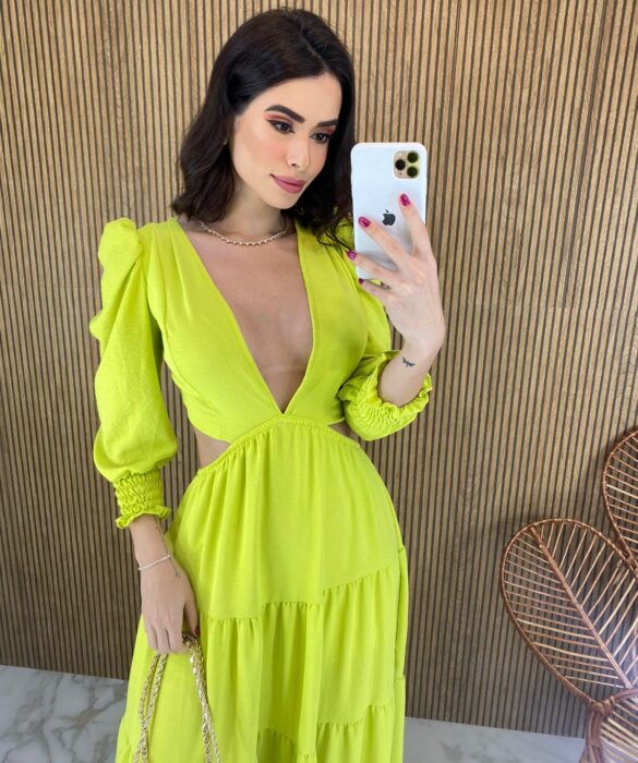 Vestido Longo sem Bojo com Abertura Manga Longa Verde Lima - Fernanda Ramos Store