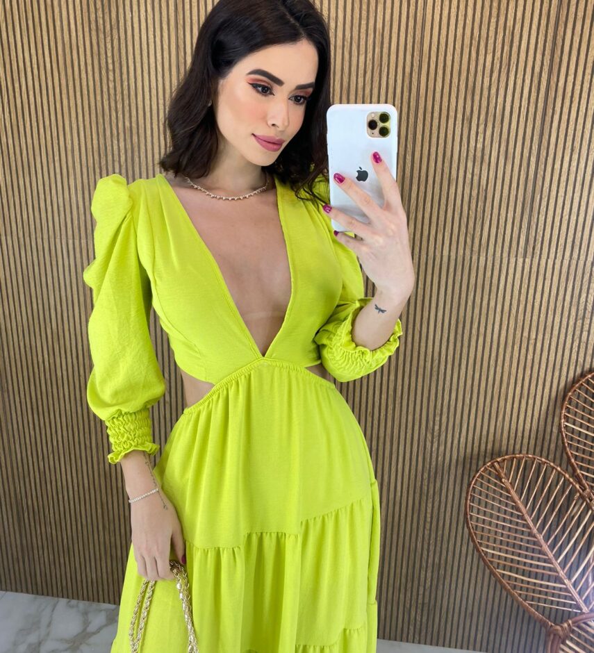 Vestido Longo sem Bojo com Abertura Manga Longa Verde Lima - Fernanda Ramos Store
